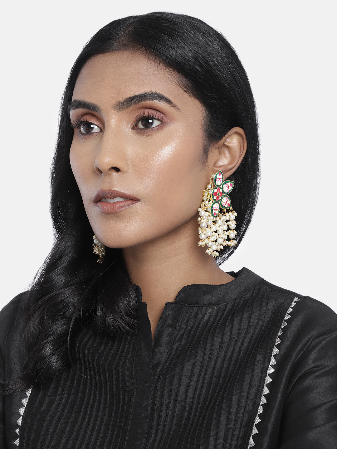 I Jewels Gold-Plated & Green Classic Pearl Studded Enamelled Drop Earrings