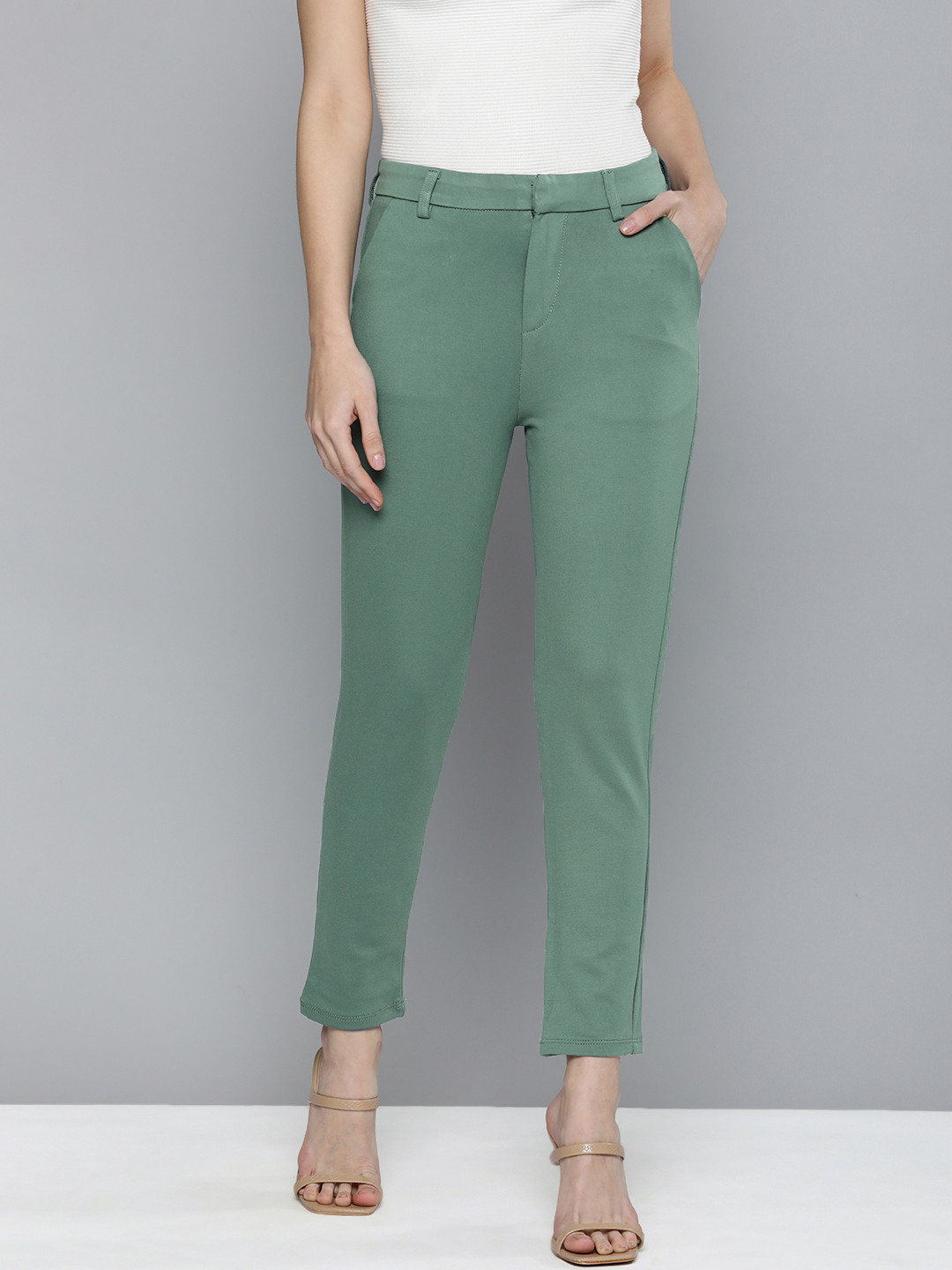 Tokyo Talkies Women Teal Solid Slim Fit Trousers