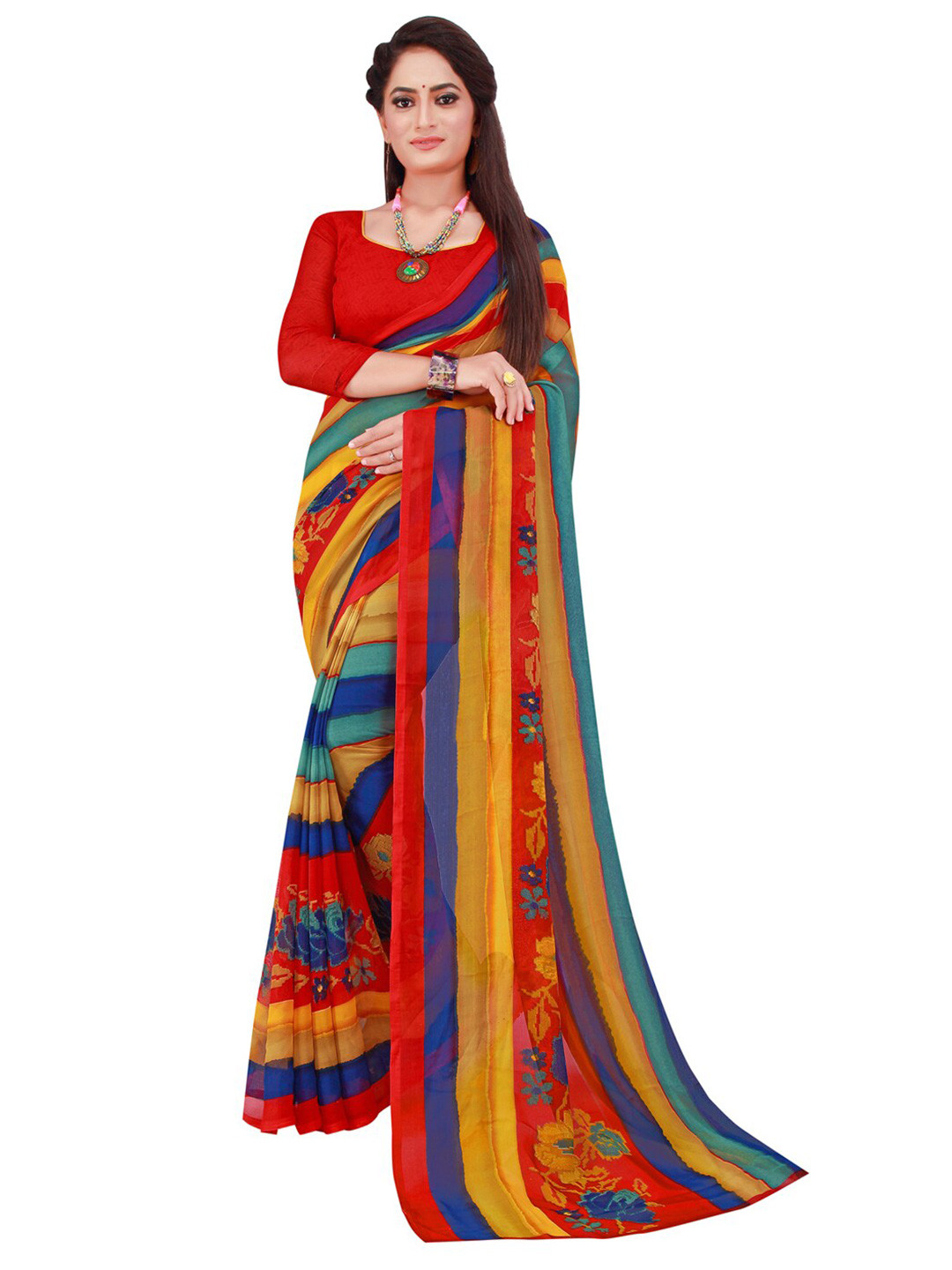 KALINI Yellow & Red Floral Printed Saree