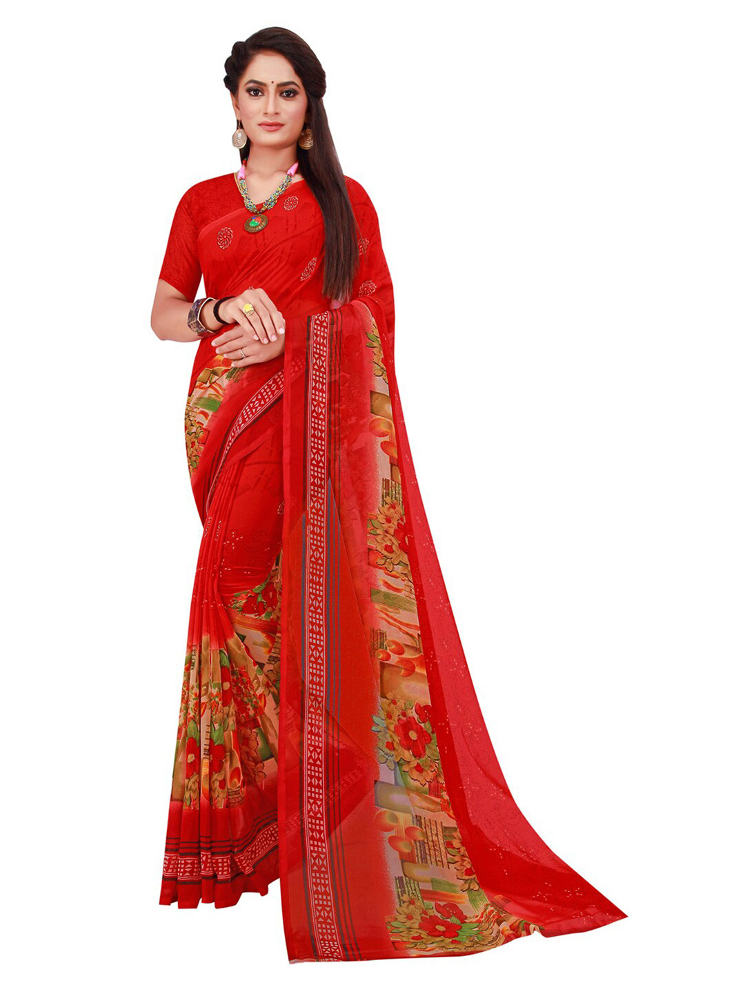 KALINI Red & Green Floral Block Print Saree