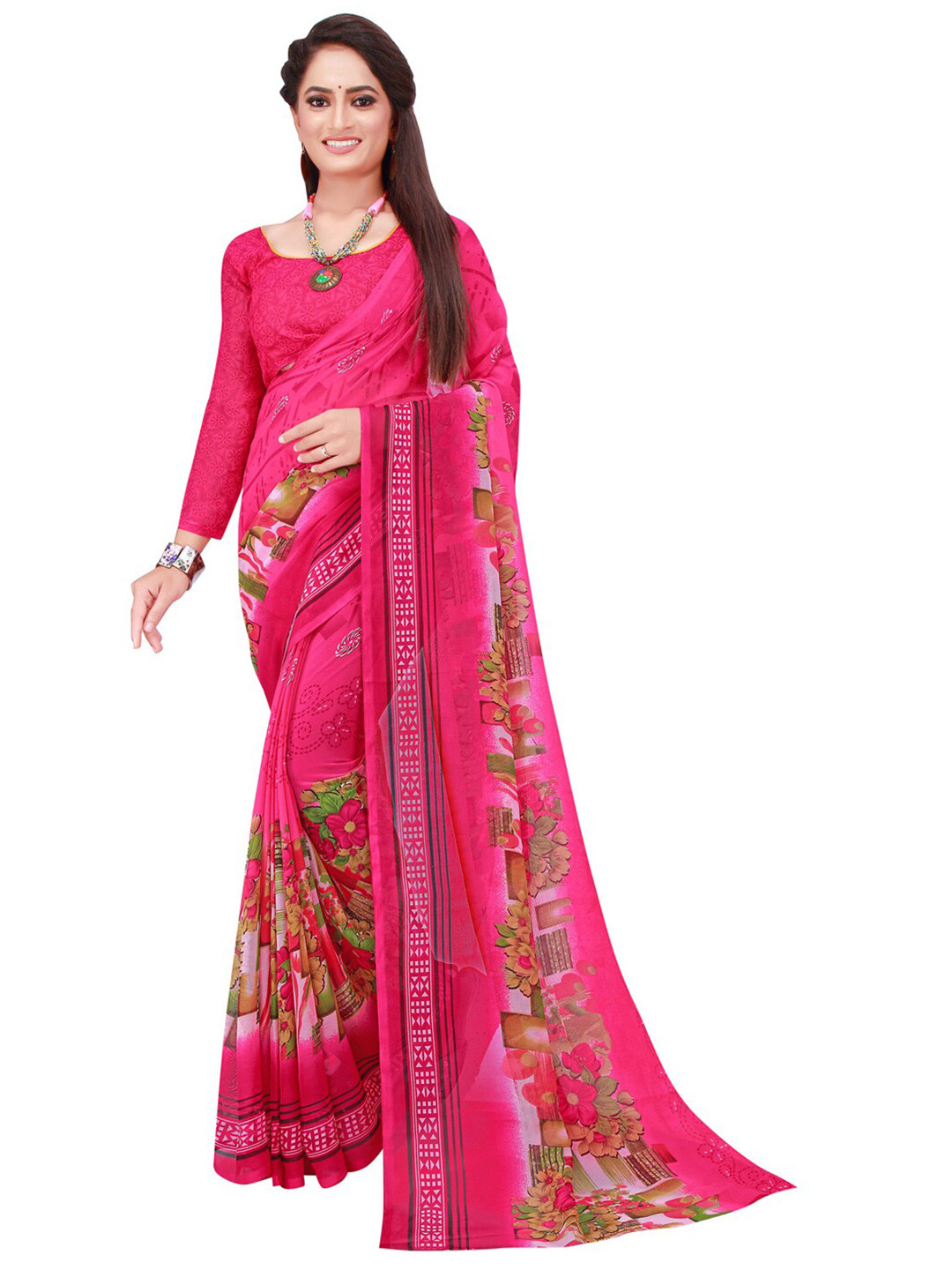 KALINI Pink & Green Floral Block Print Saree