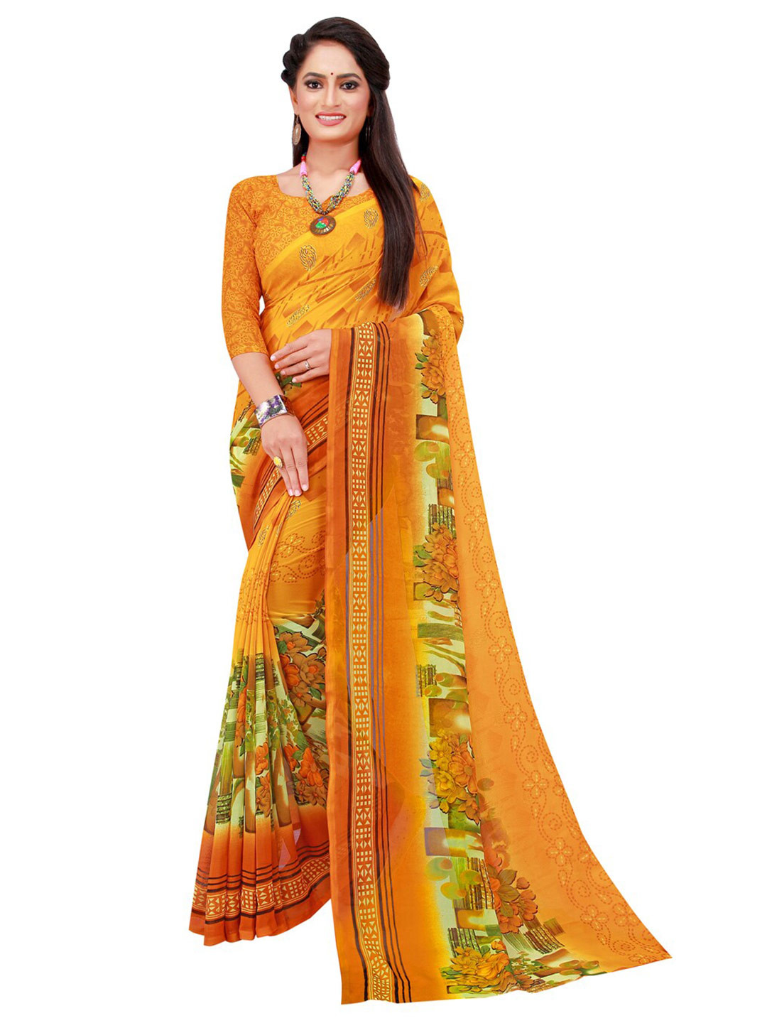 KALINI Mustard & Green Floral  Block Print Saree
