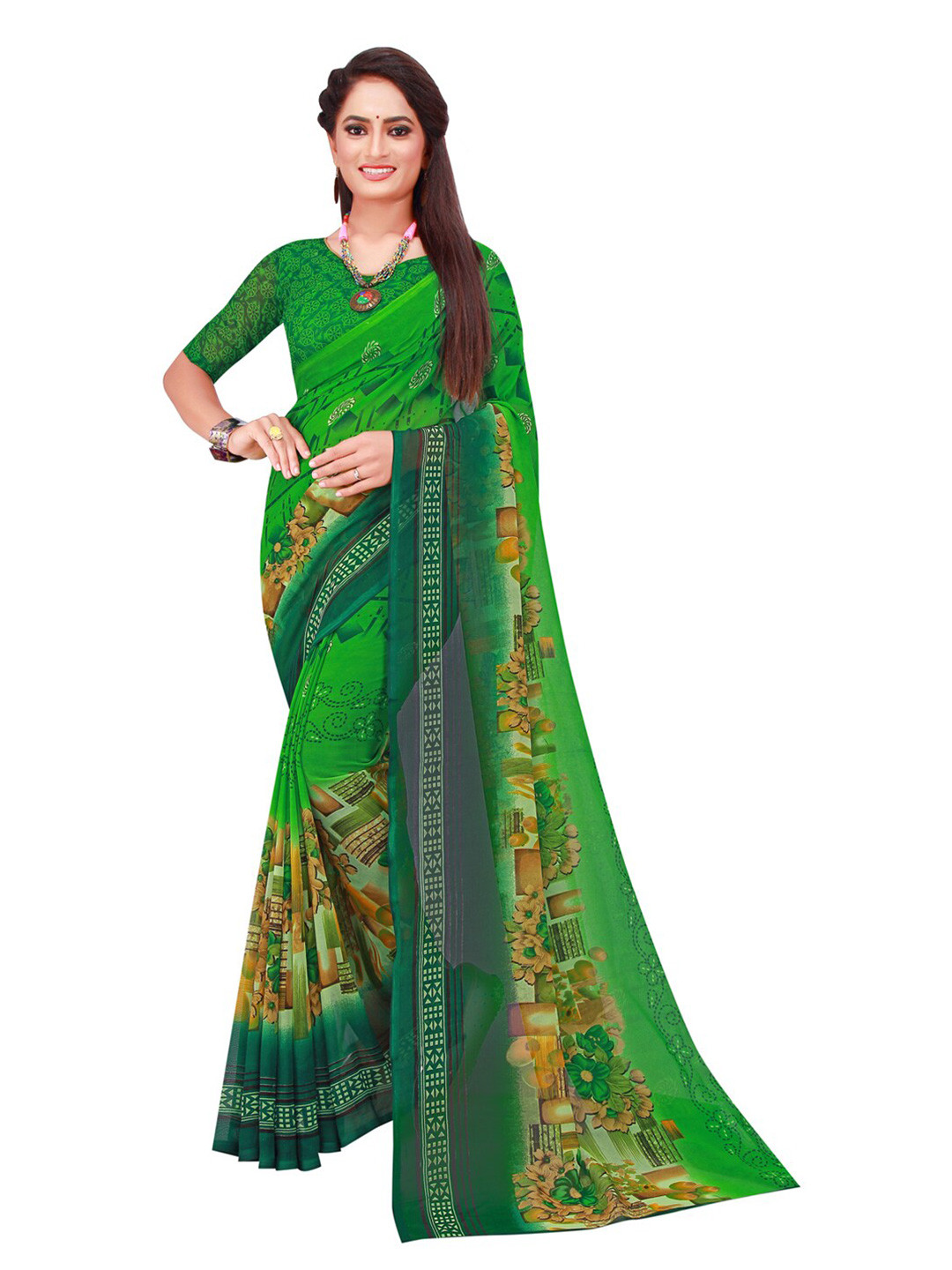 KALINI Green & Brown Floral  Block Print Saree
