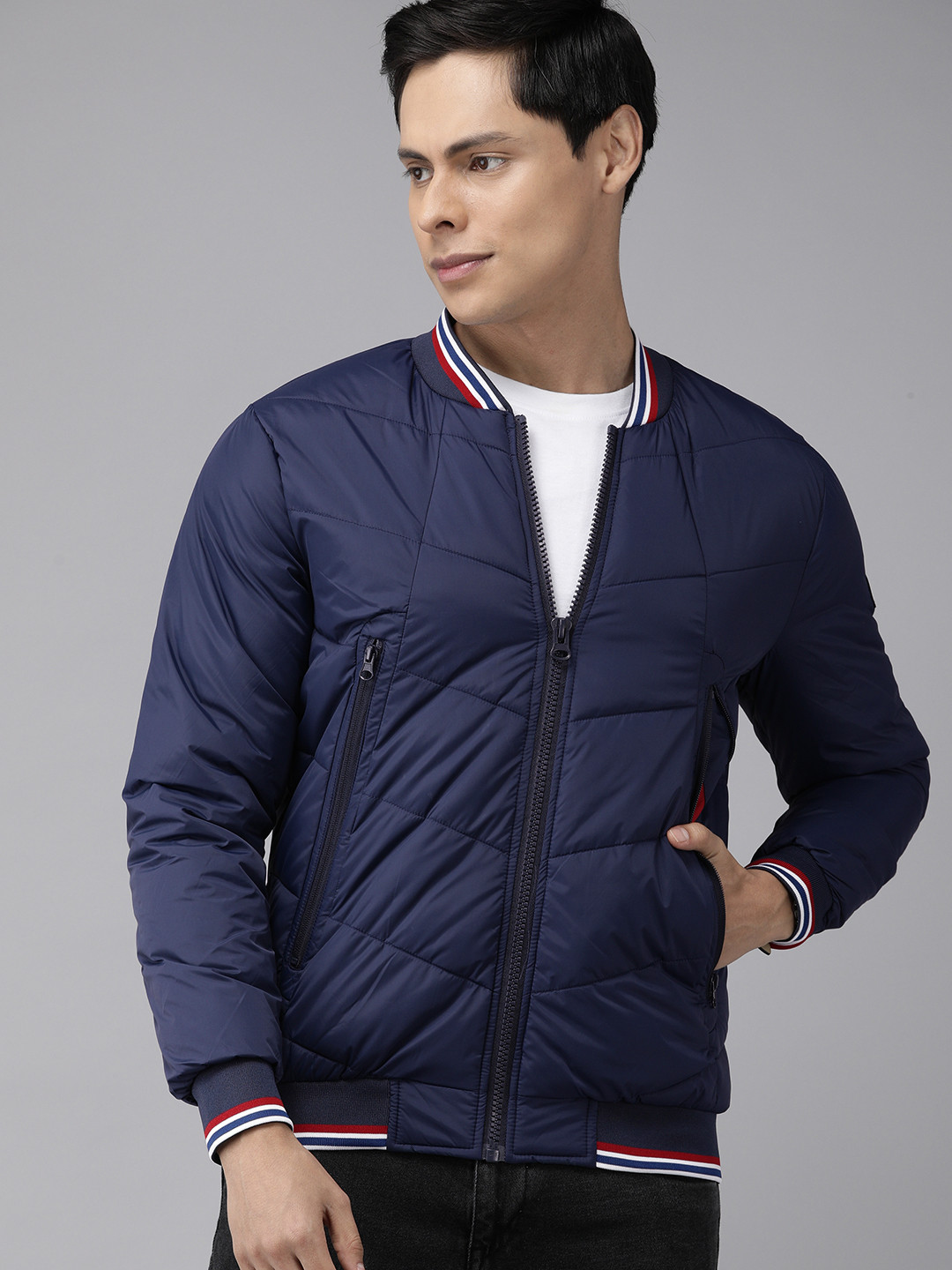 U S Polo Assn Men Navy Blue Solid Bomber Jacket