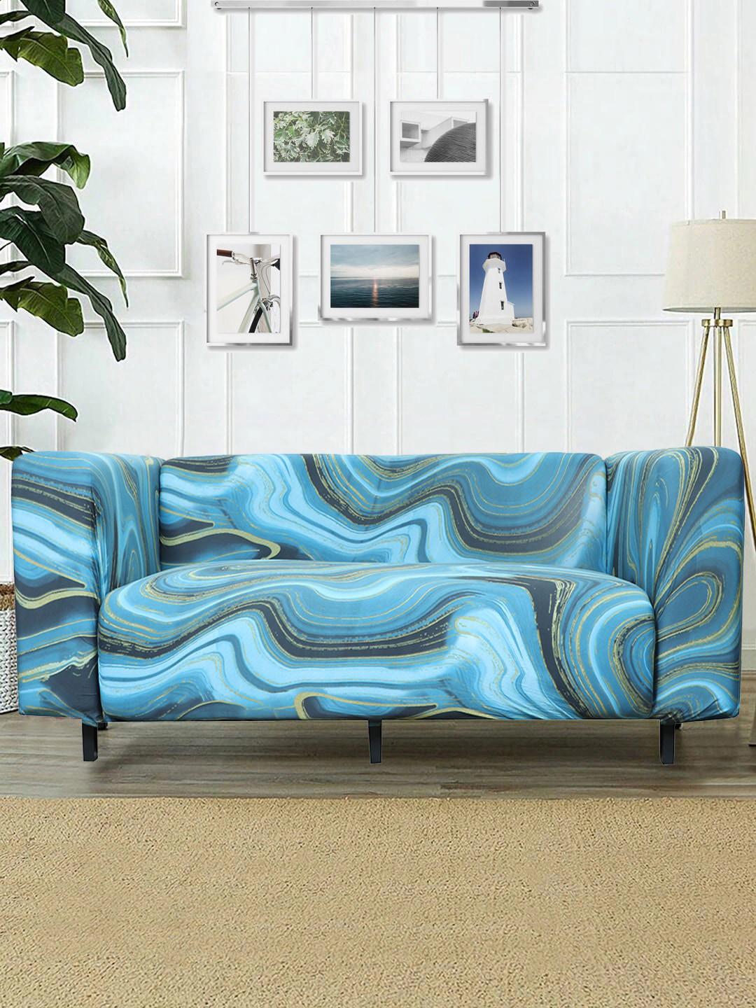 HOUSE OF QUIRK Blue & Gold-Coloured Printed Sofa Cover