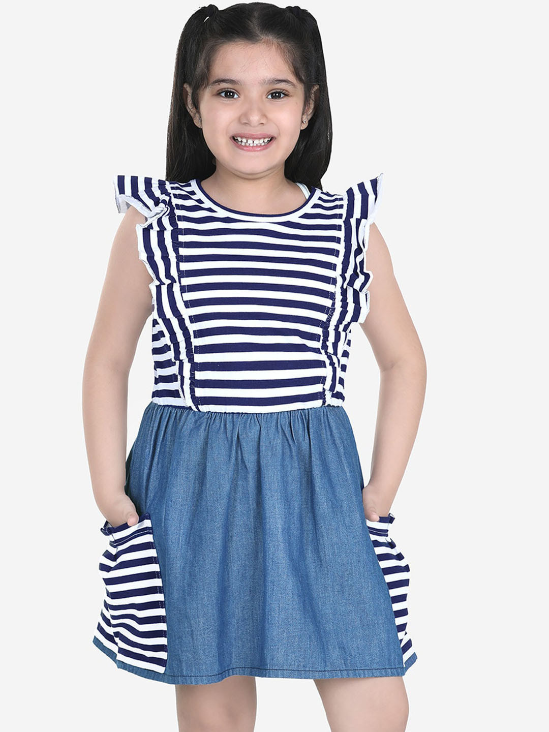 Naughty Ninos Girls Blue And White Striped Denim Dress