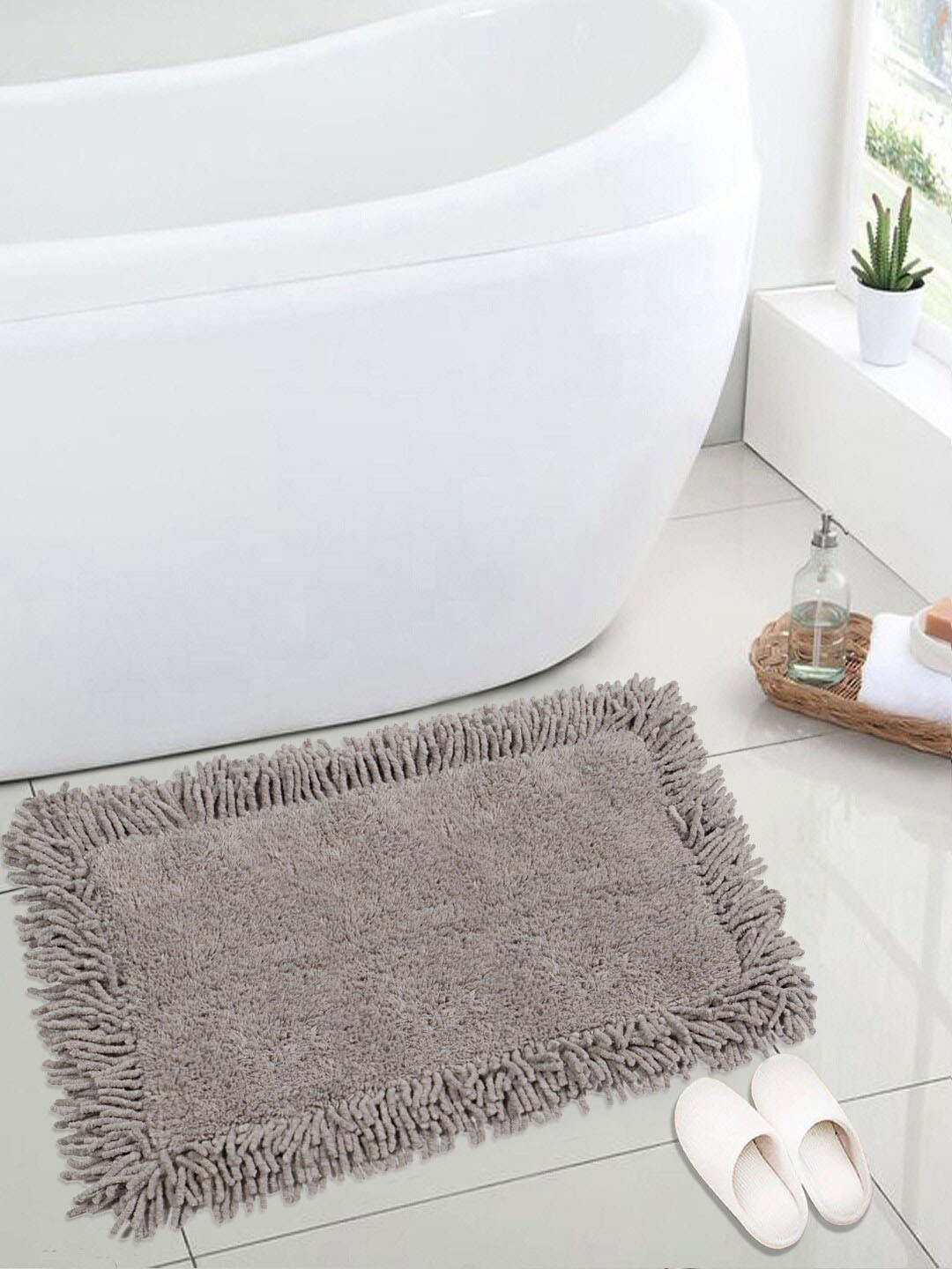 Saral Home Grey Solid Cotton Shaggy Bath Mat