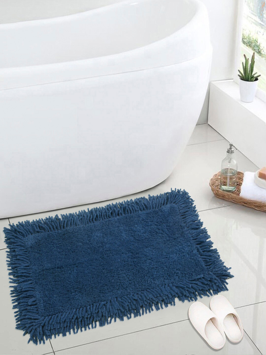 Saral Home Blue Solid Cotton Shaggy Bath Mat
