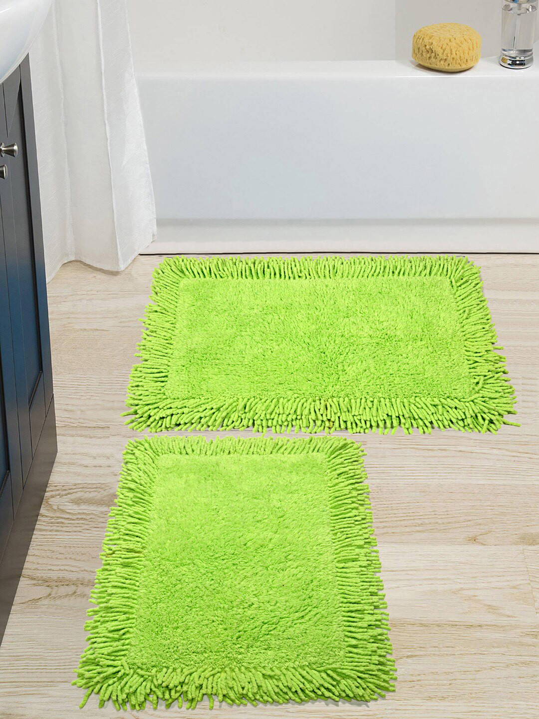 Saral Home Set Of 2 Green Solid Cotton Shaggy Bath Mat