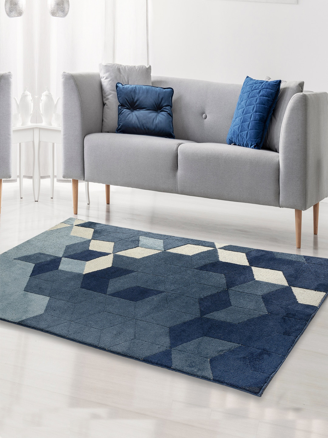 Saral Home Blue & Beige Geometric Carpet