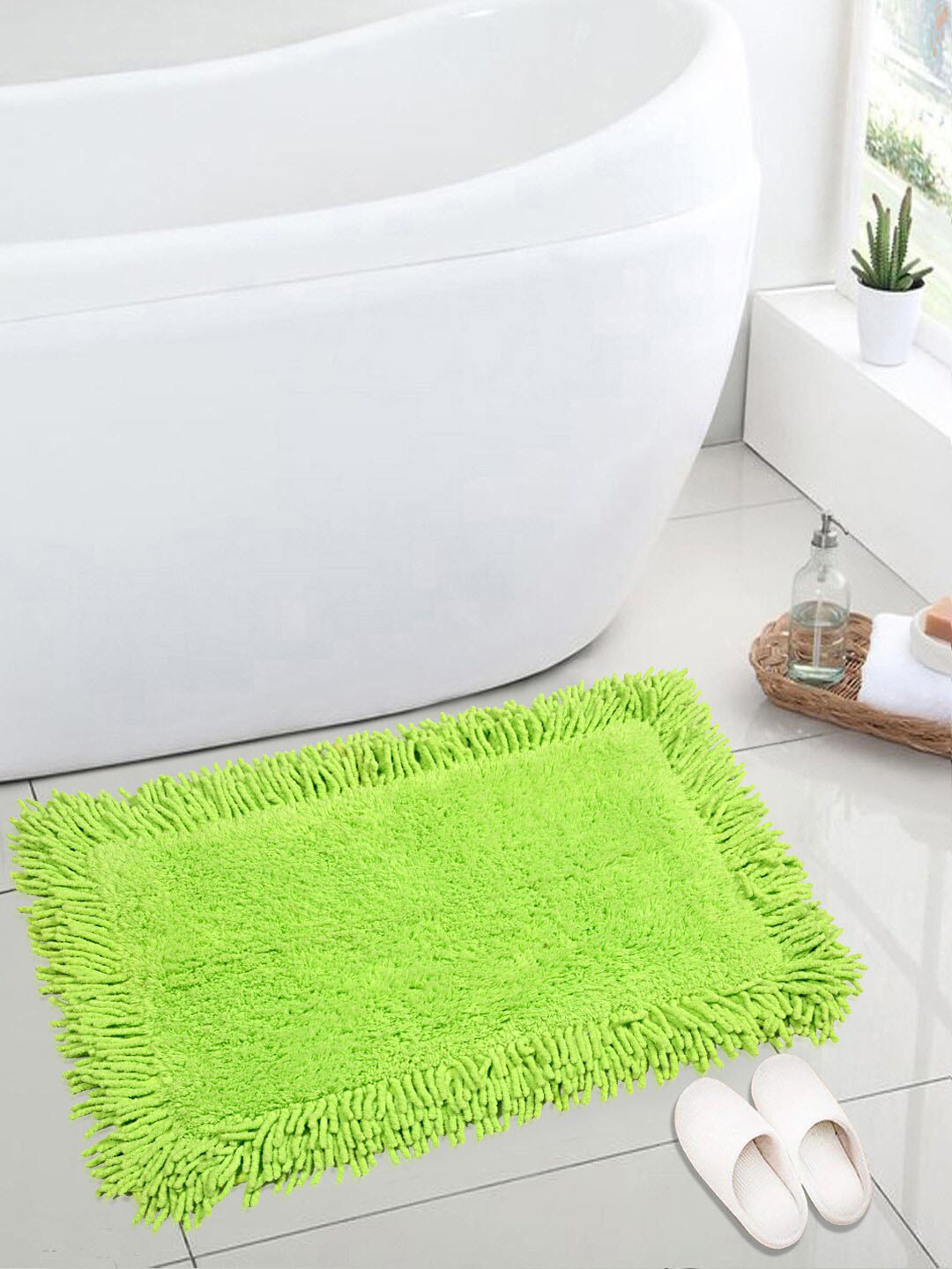 Saral Home Green Solid Cotton 1666 GSM Shaggy Bath Mat