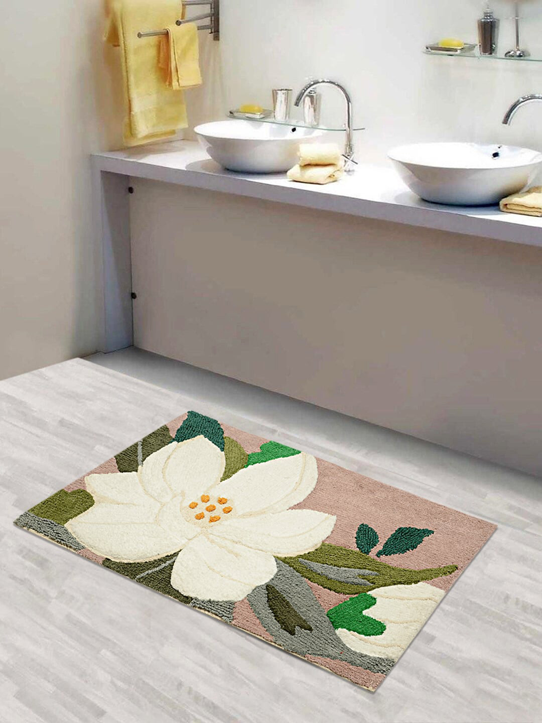 Saral Home Beige & Green Pure Cotton 1500 GSM Bath Rugs