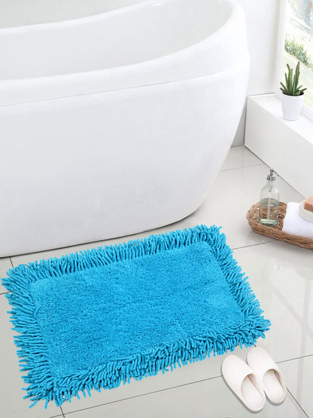 Saral Home Blue Solid Cotton Shaggy Bath Mat