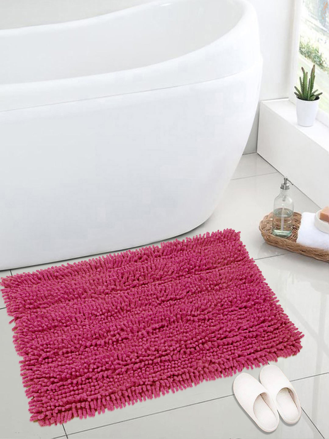 Saral Home Pink Solid Cotton Shaggy Bath Mat