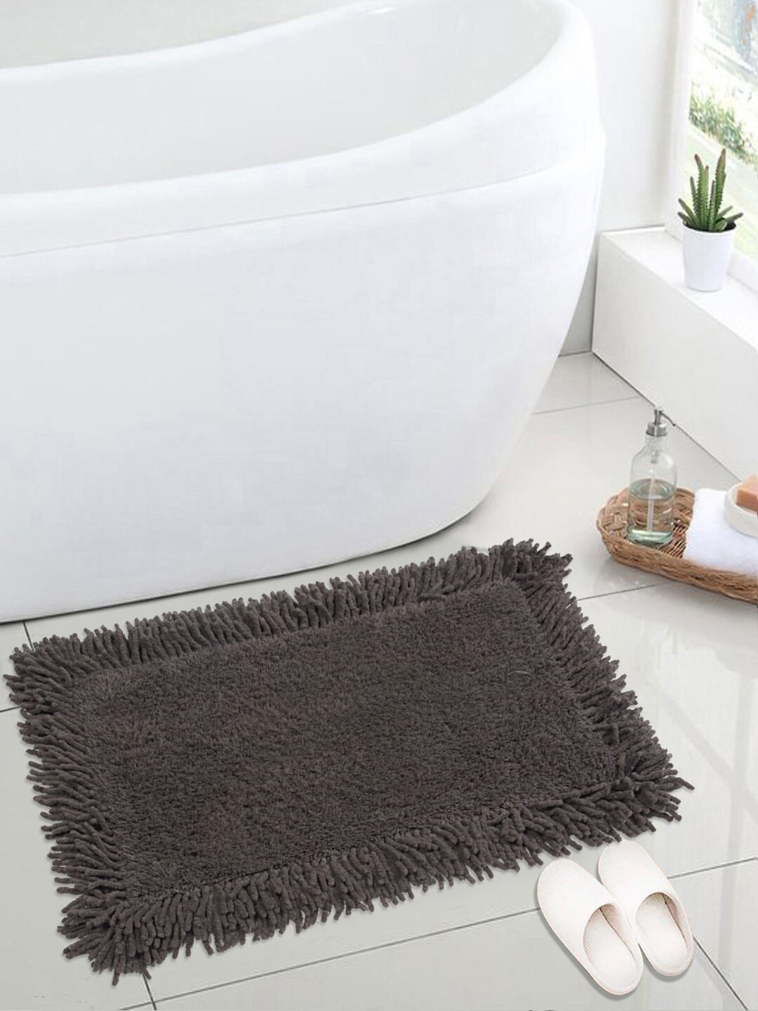 Saral Home Grey Solid Cotton 1666 GSM Shaggy Bath Mat