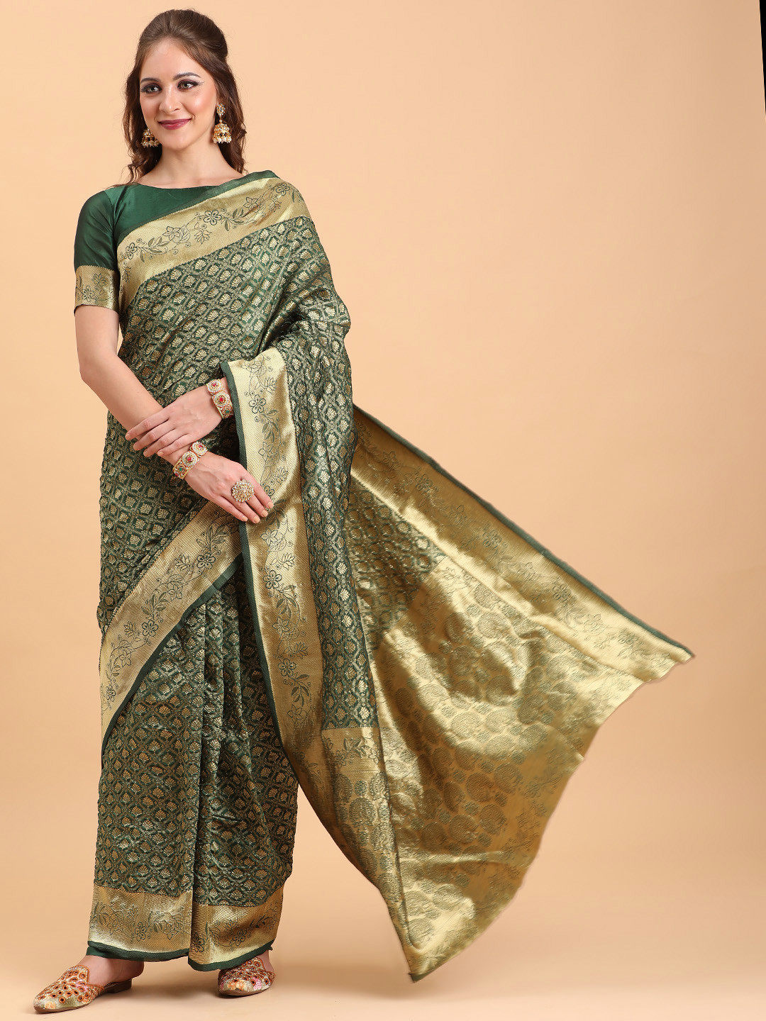 Sangria Women Green & Gold Woven Designed Banarasi Saree