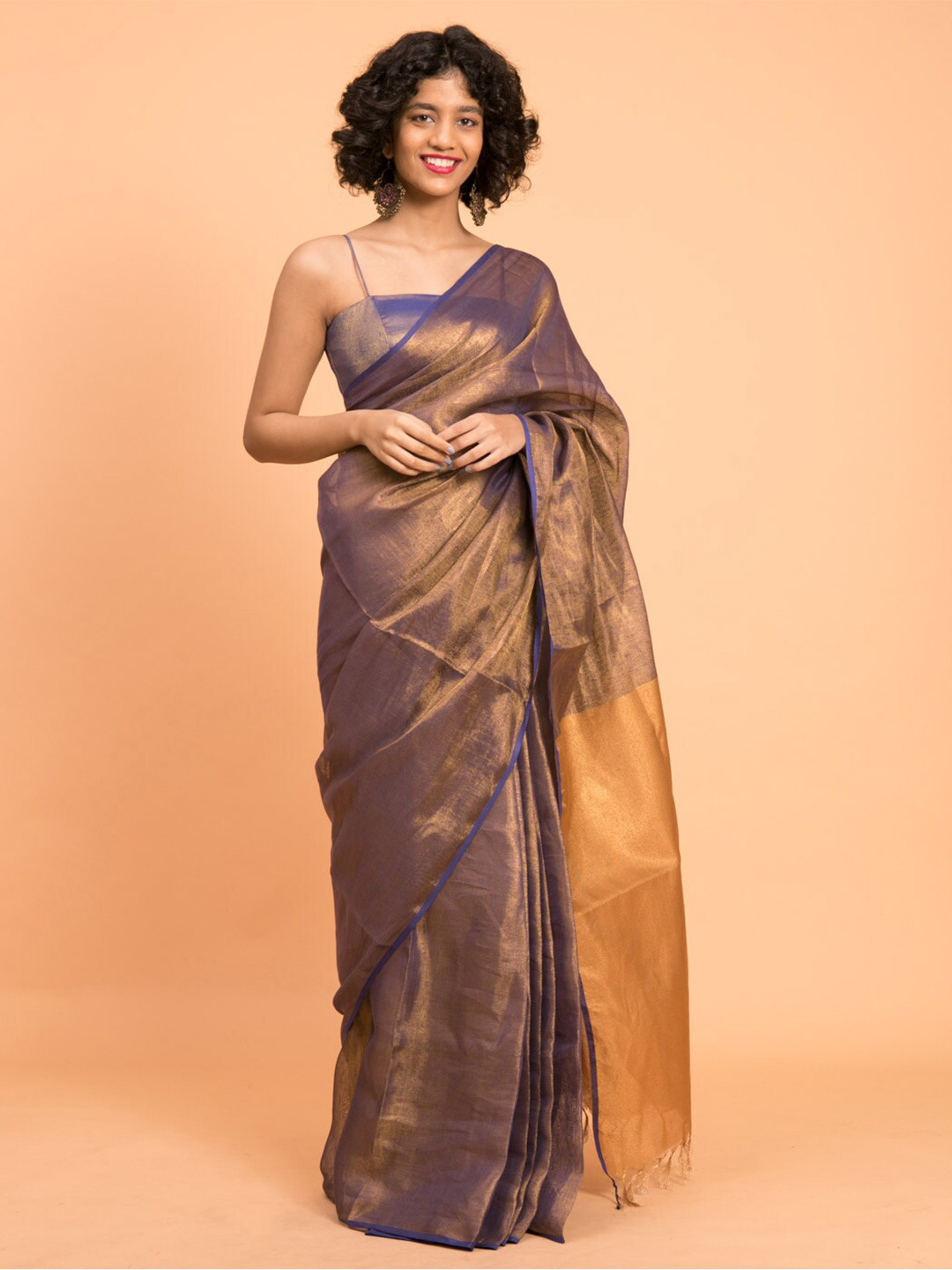 Suta Purple & Gold-Toned Zari Pure Linen Saree