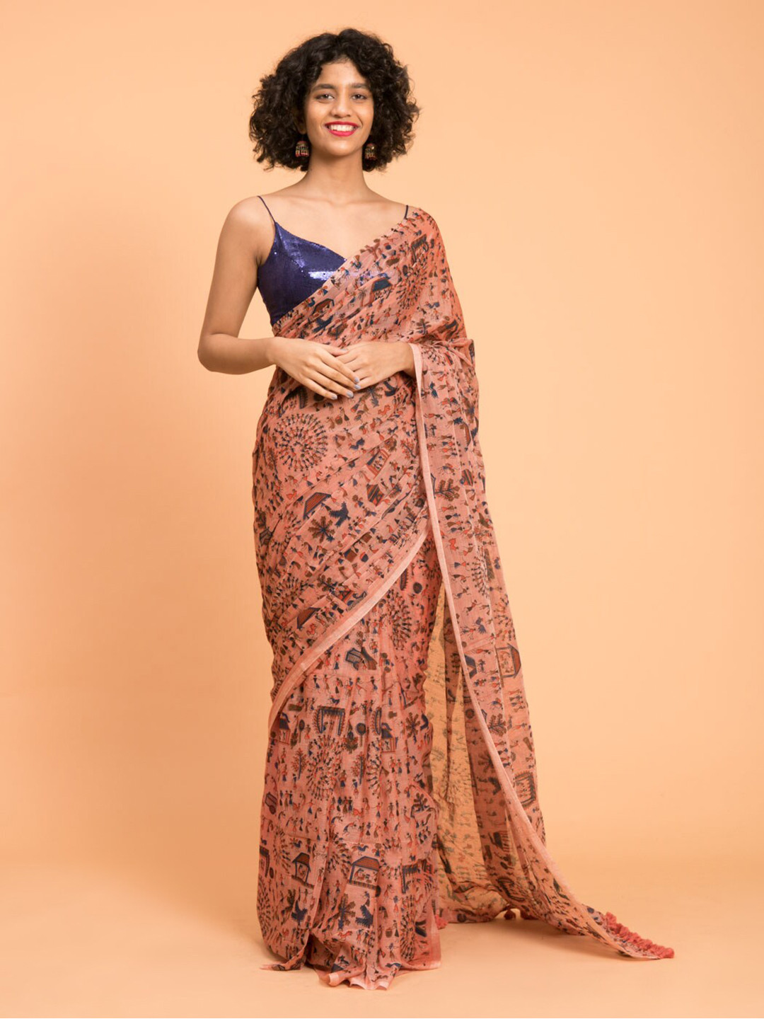 Suta Peach Blue Warli Printed Pure Cotton Saree