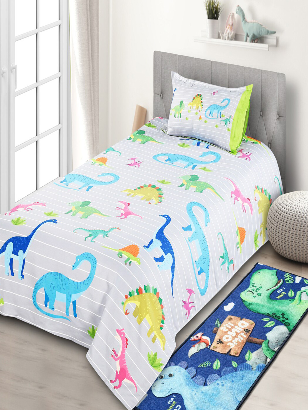 Saral Home Dinosaur Multicoloured Cartoon Characters Polyester 250 TC Single Fine Bedsheet with a Pillow Cover-90 x 100 inches