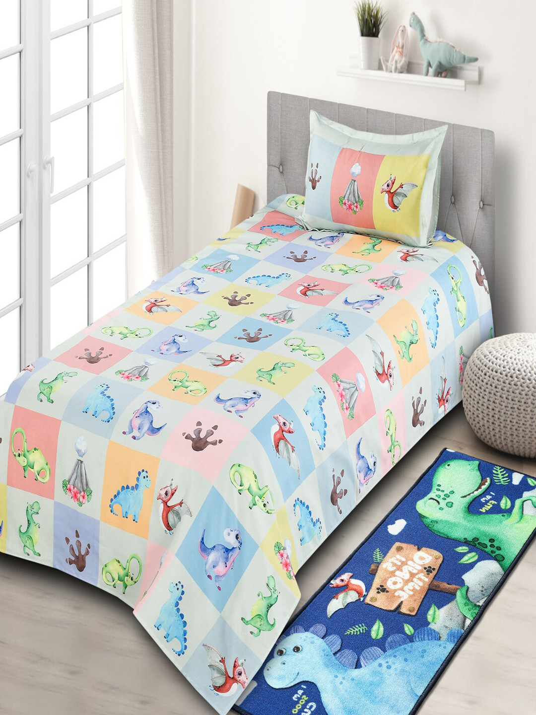 Saral Home Dinosaur Multicoloured Conversational Polyester 250 TC Single Fine Bedsheet with a Pillow Cover-228 x 152 cm