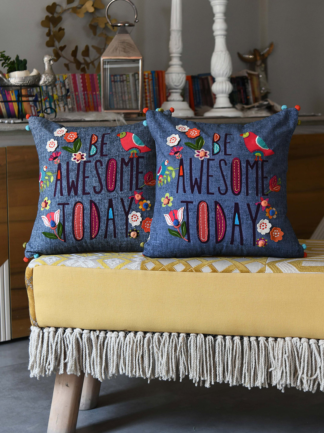 AMOROSA Blue Set of 2 Quirky Square Cushion Covers