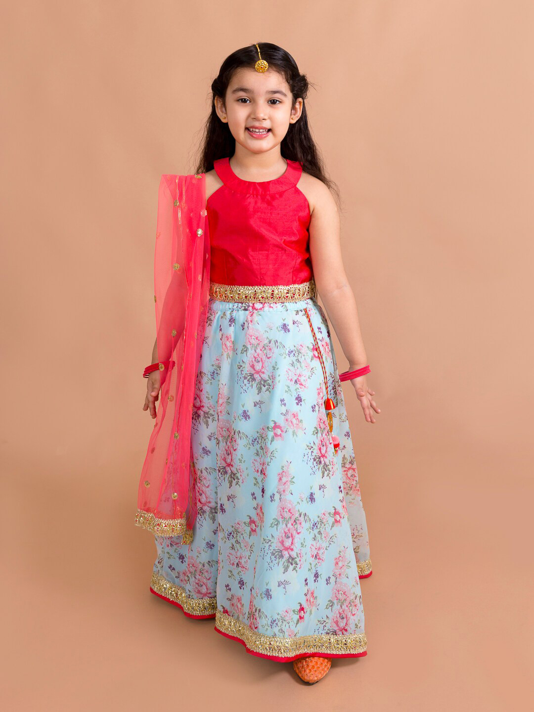 Ps Peaches Girls Red & Blue Floral Lehenga Choli Set