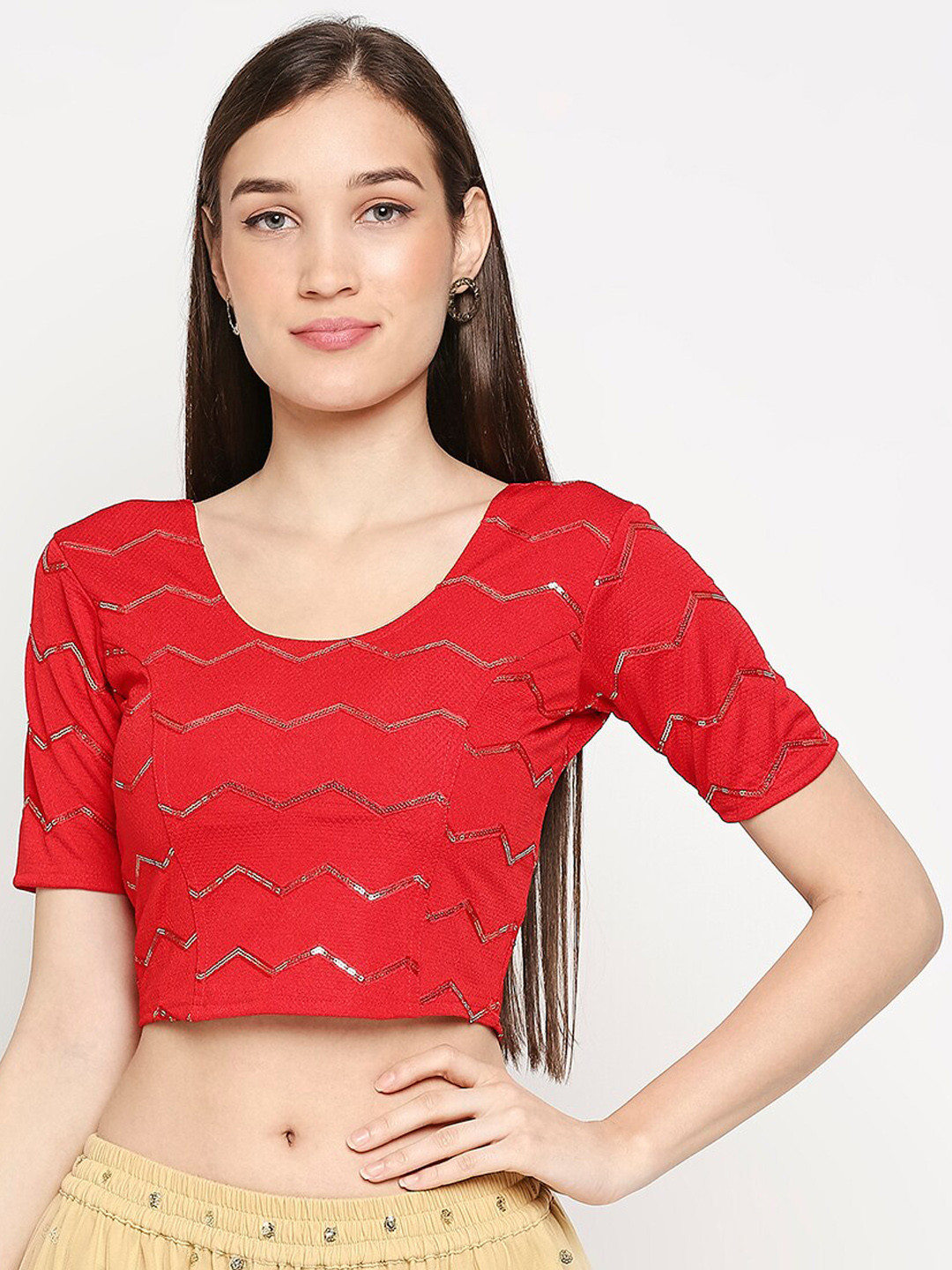 SALWAR STUDIO Red & Gold-Coloured Embroidered Stretchable Readymade Saree Blouse