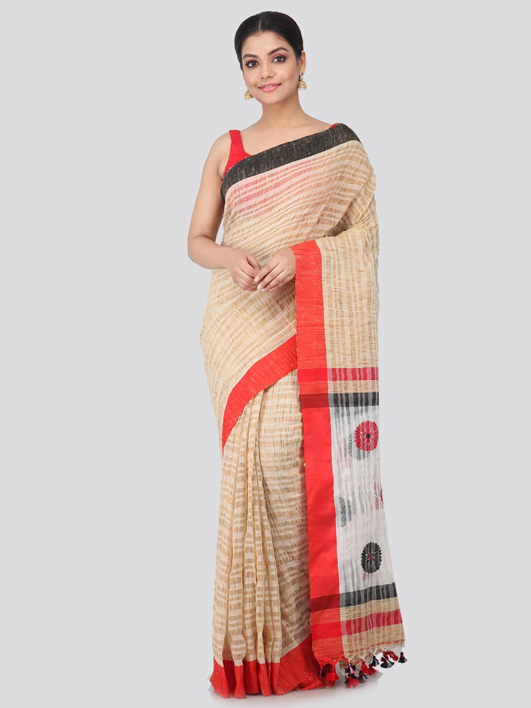 PinkLoom Beige & Red Woven Design Handloom Saree