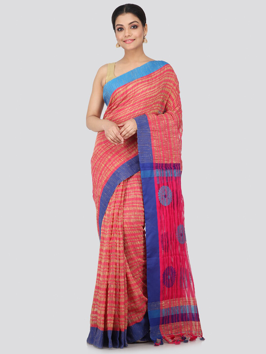 PinkLoom Coral & Blue Woven Design Pure handloom Saree