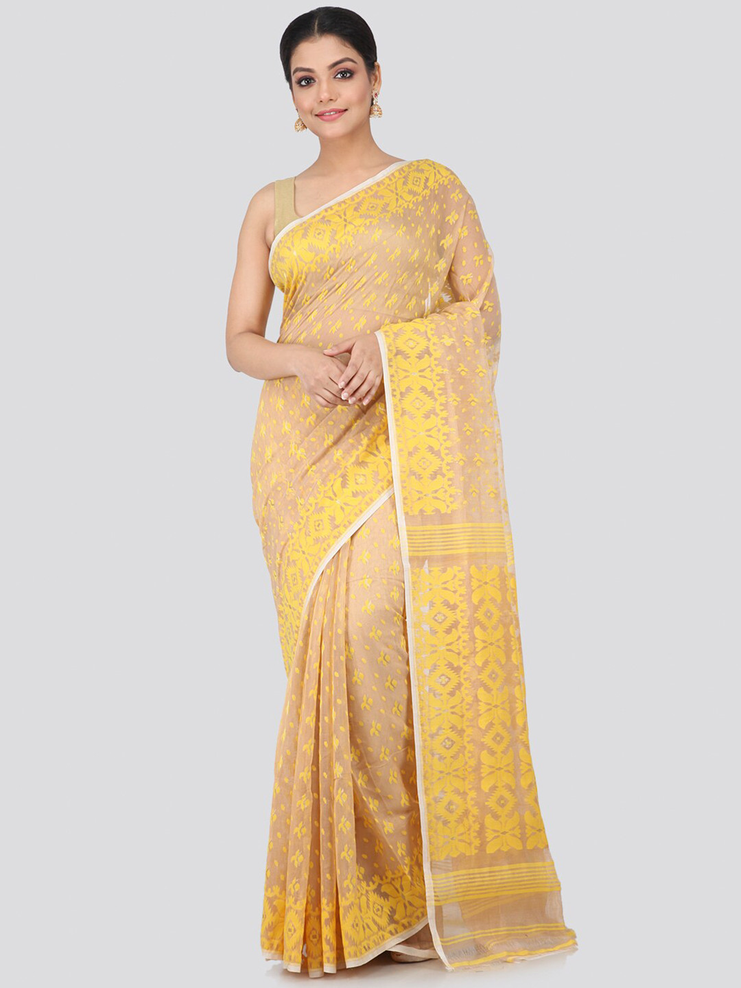 PinkLoom Beige & Yellow Ethnic Motifs Woven Design Handloom Pure Cotton Jamdani Saree