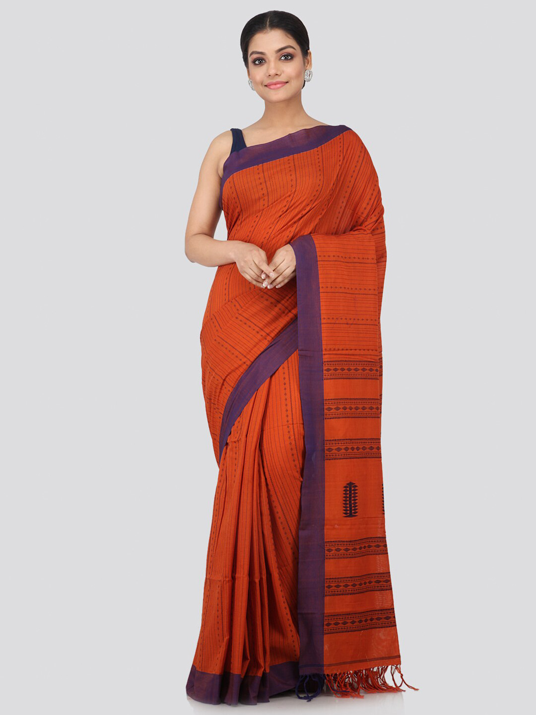 PinkLoom Women Orange & Purple Striped Cotton Saree