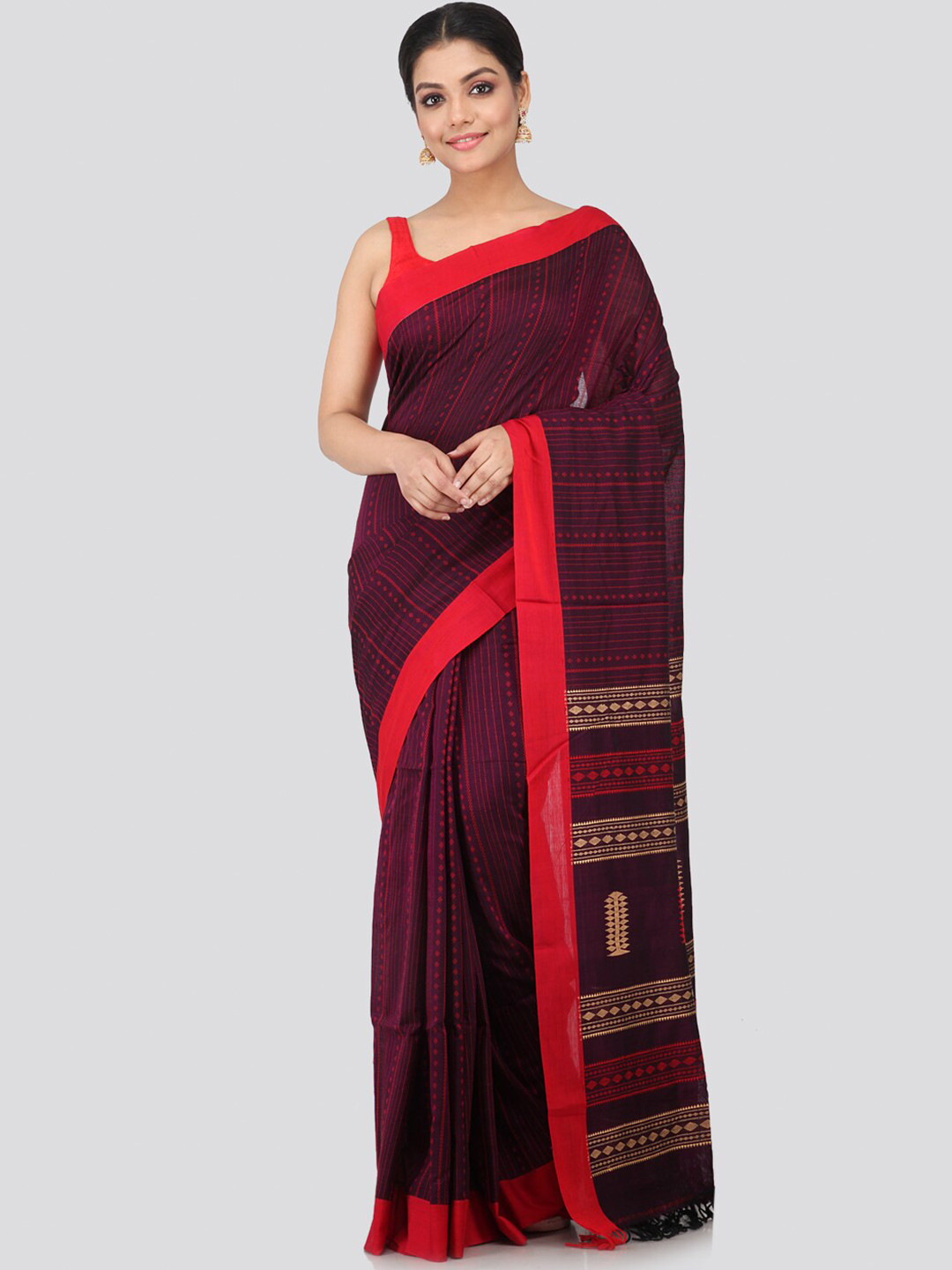 PinkLoom Blue & Red Woven Design Pure Handloom Cotton Saree