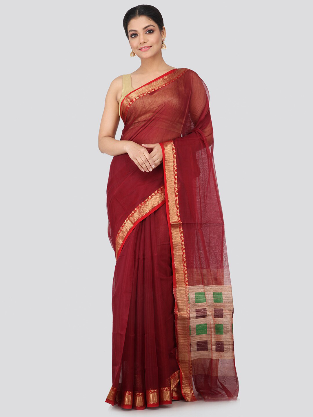 PinkLoom Maroon & Green Woven Design Zari Pure Handloom Chanderi Sustainable Saree