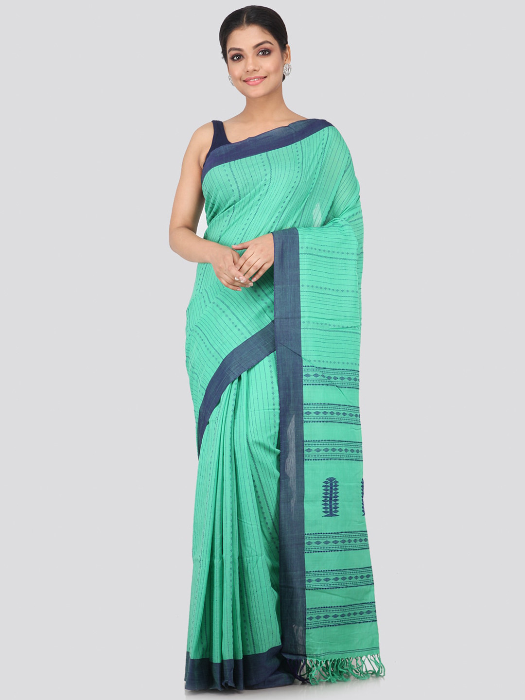 PinkLoom Green & Blue Woven Design Pure Cotton Saree