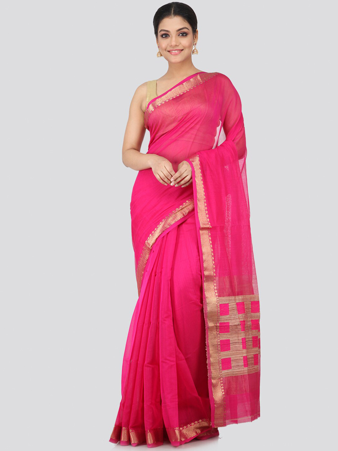 PinkLoom Pink & Gold-Toned Woven Design Zari Pure handloom Chanderi Saree