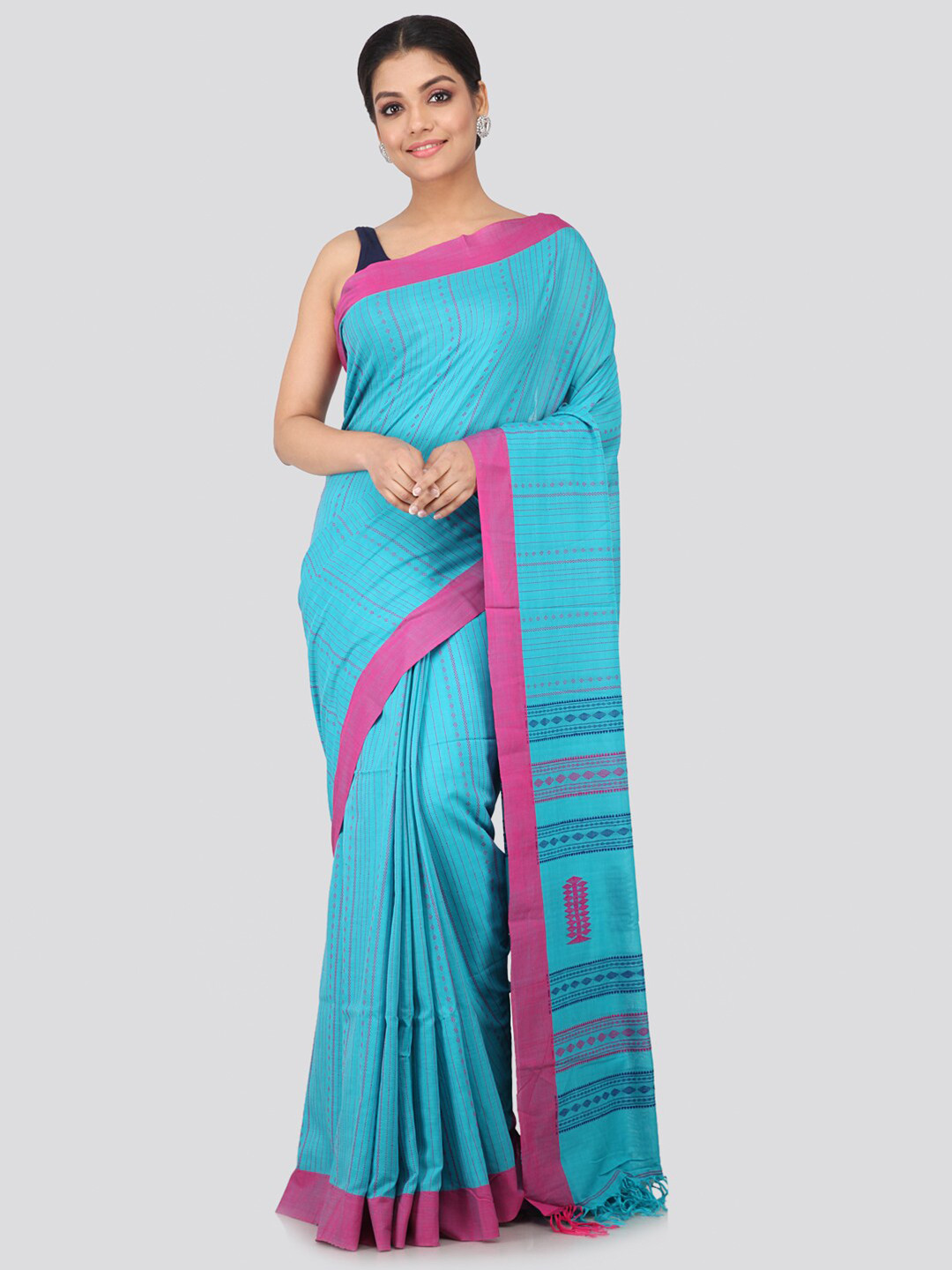 PinkLoom Blue & Pink Pure Cotton Sustainable Saree