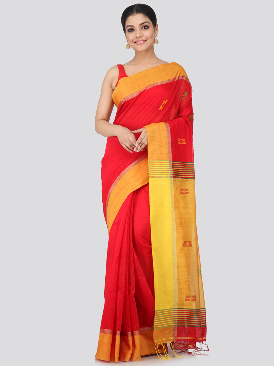 PinkLoom Red & Yellow Woven Design Sustainable Saree