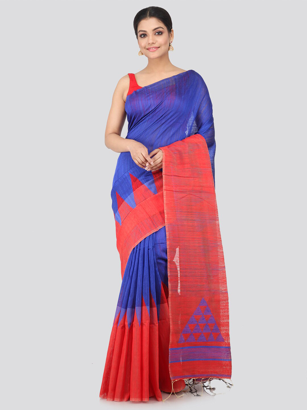 PinkLoom Blue & Red Geometric Woven Design Pure Handloom Jute Silk Sustainable Saree