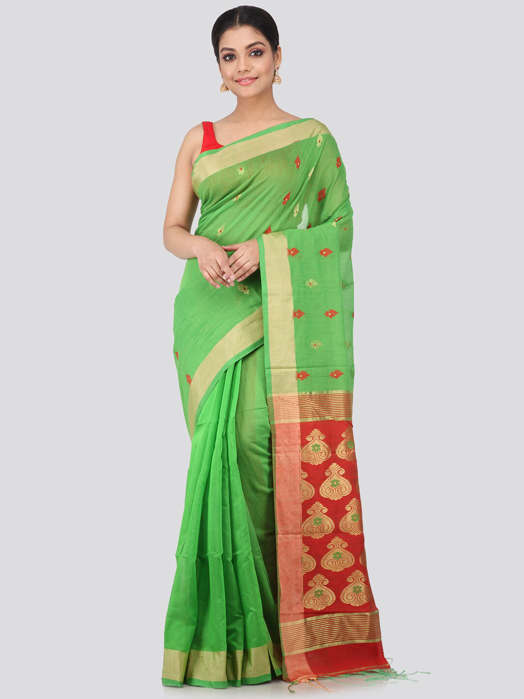 PinkLoom Green & Red Ethnic Motifs Zari Handloom Saree