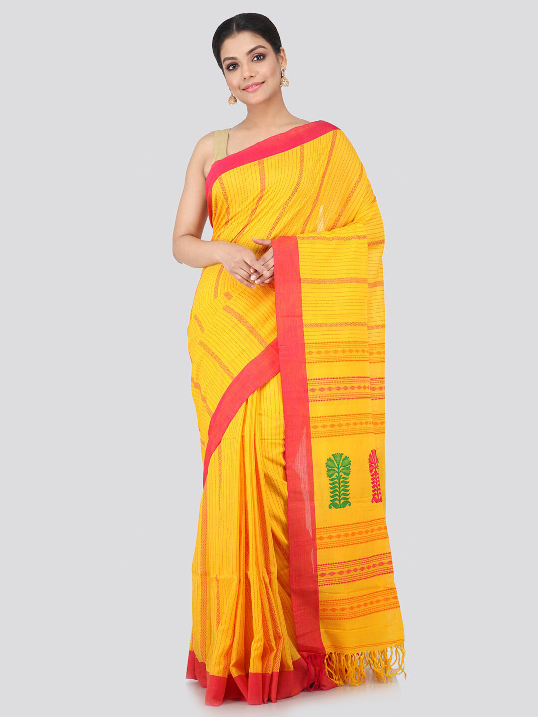 PinkLoom Yellow & Pink Woven Design Pure Cotton Handloom Sustainable Saree