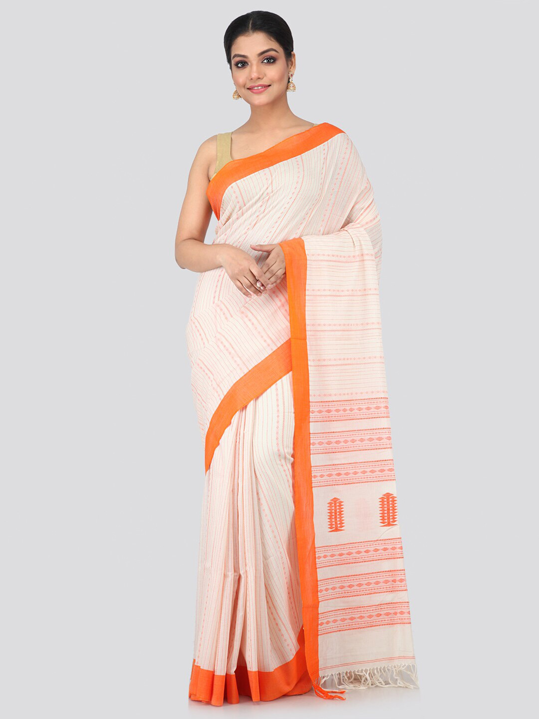 PinkLoom Beige & Orange Striped Pure Cotton Saree