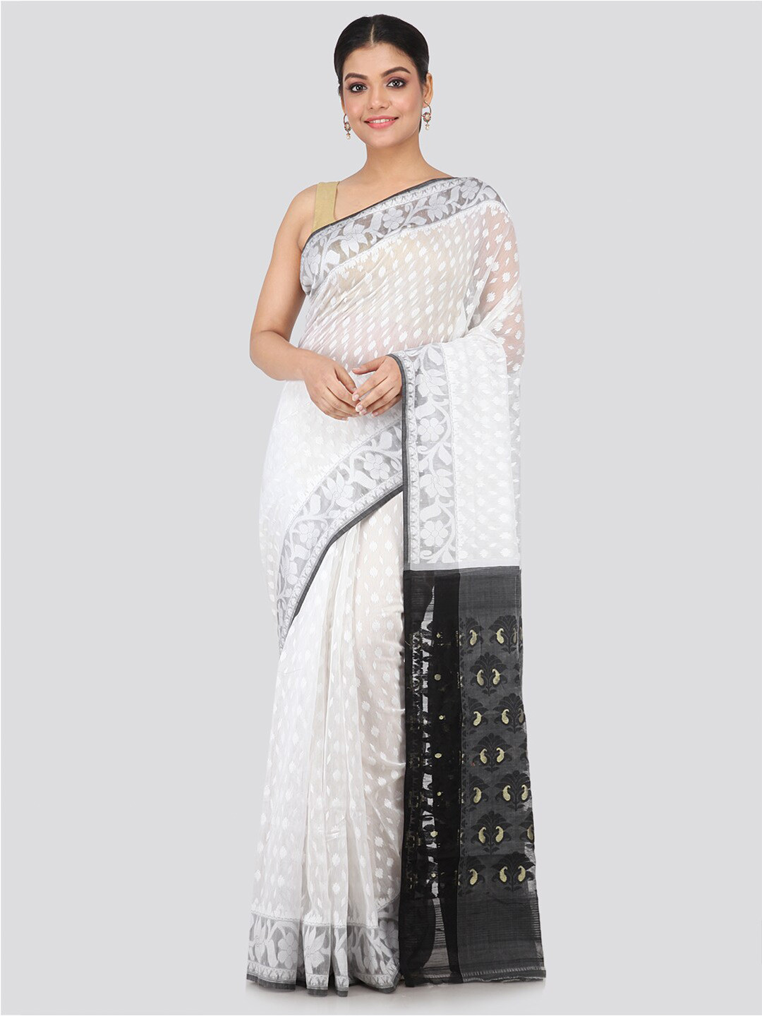PinkLoom Women White & Black Silk Cotton Woven Designed Jamdani Saree