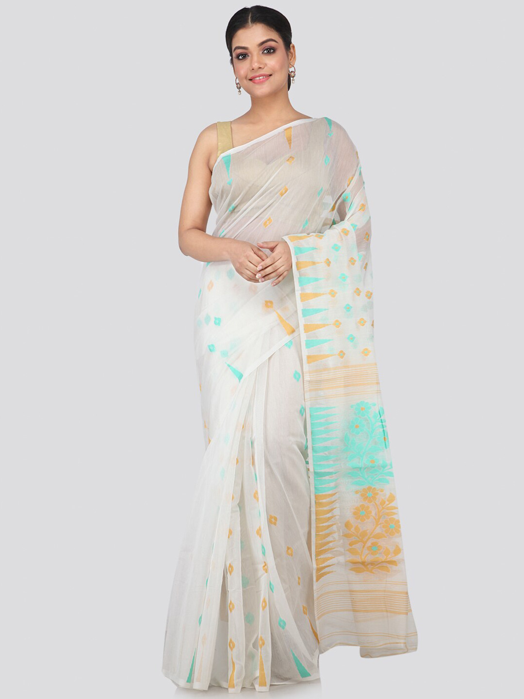 PinkLoom White & Brown Silk Cotton Jamdani Sustainable Saree