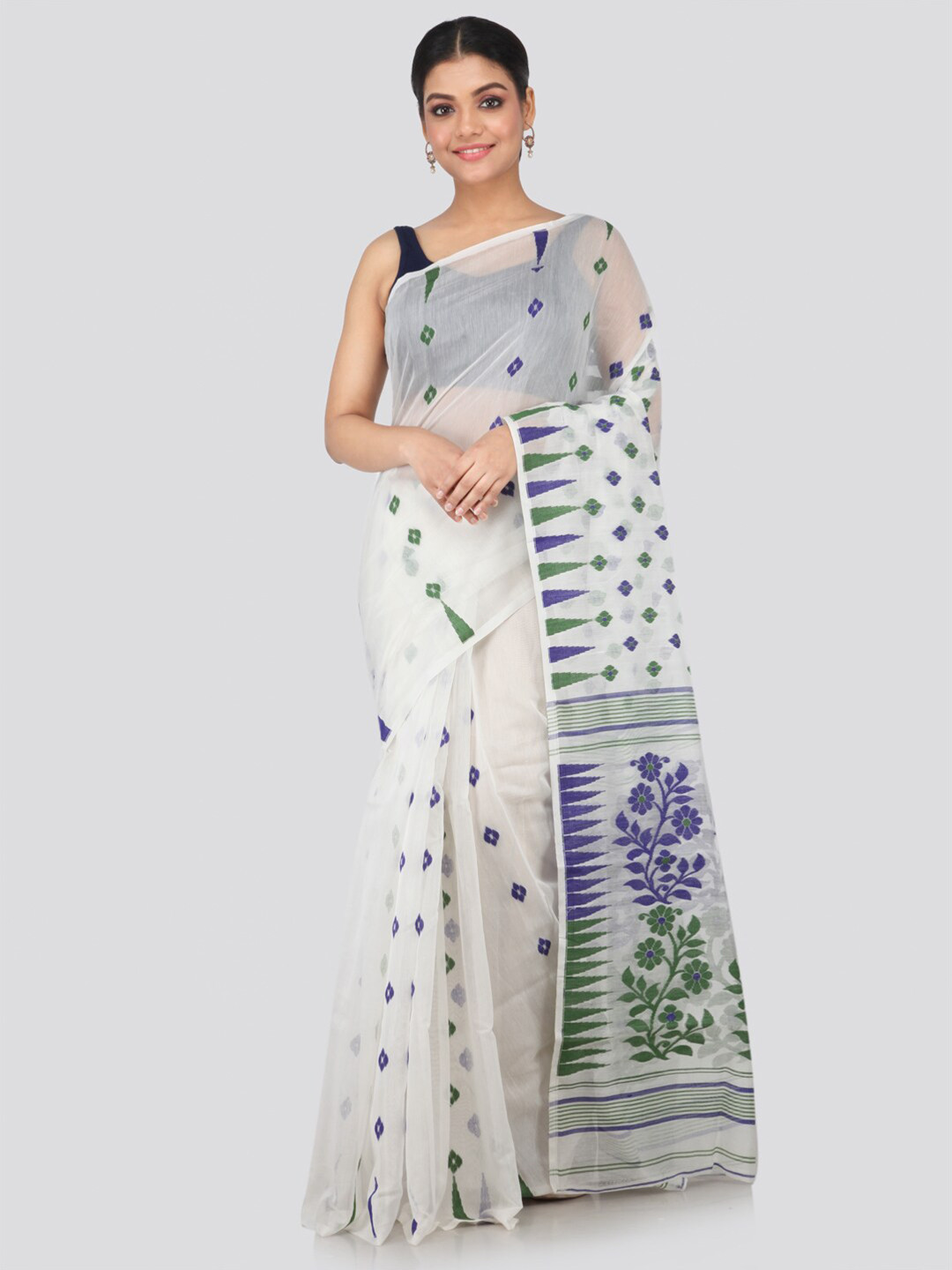 PinkLoom White & Green Floral Silk Cotton Jamdani Handloom Saree