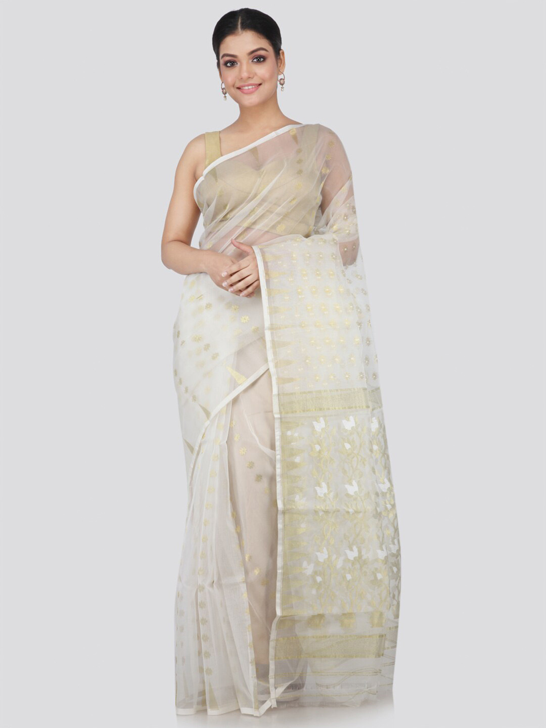 PinkLoom Off White Floral Silk Blend Jamdani Handloom Saree