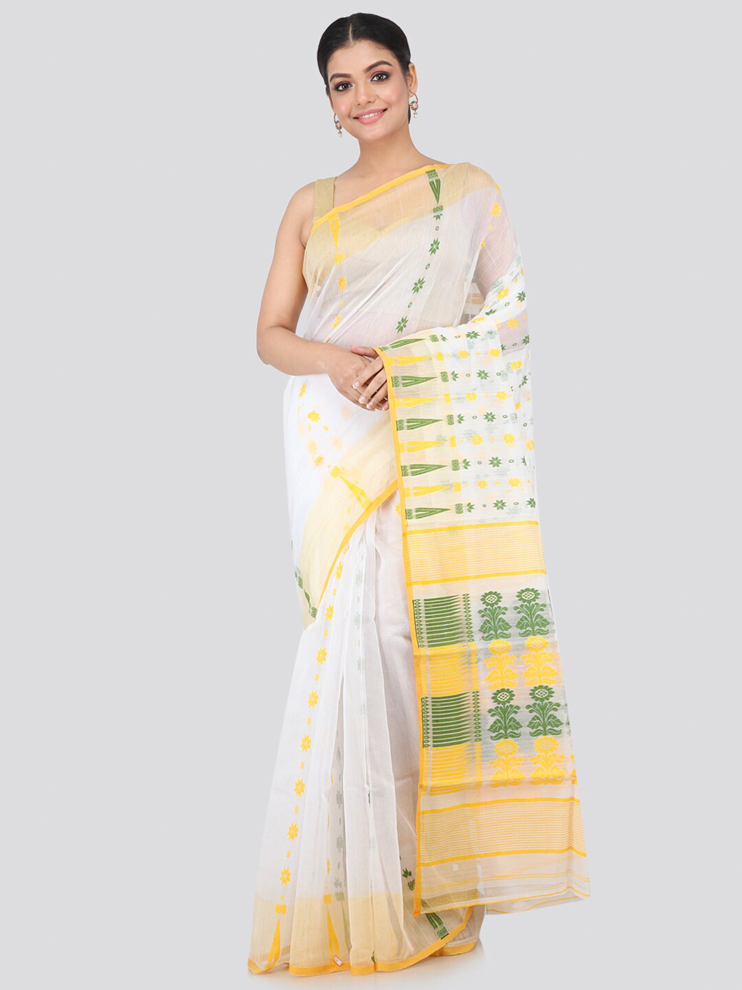 PinkLoom White & Yellow Woven Design Silk Cotton Jamdani Sustainable Saree