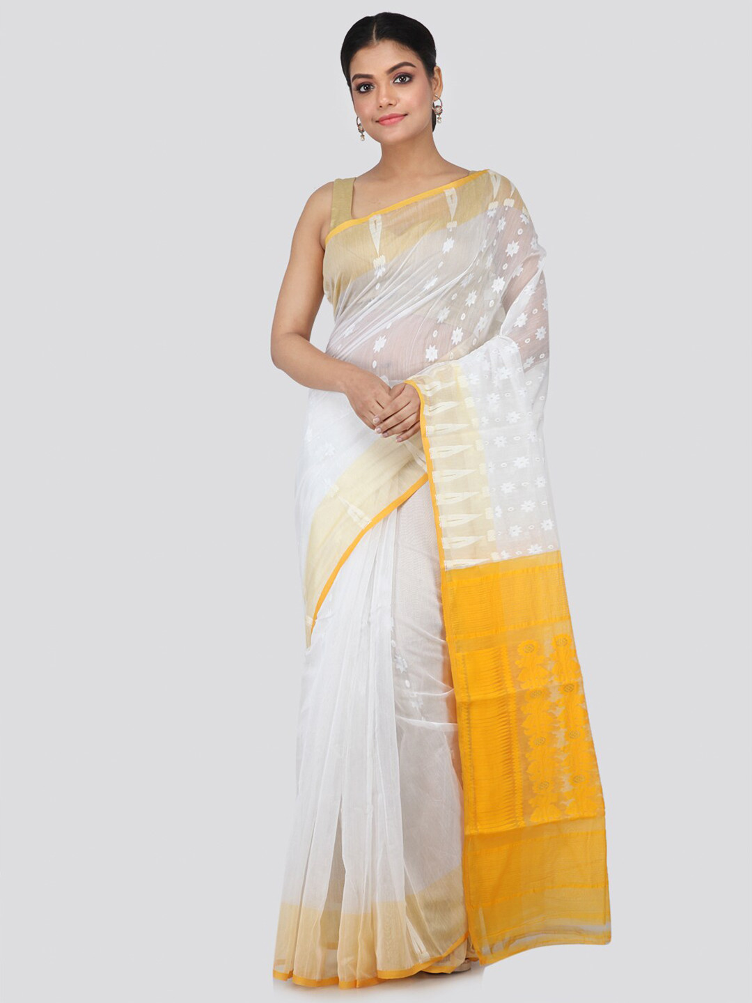 PinkLoom White & Mustard Ethnic Motifs Silk Cotton Jamdani Saree