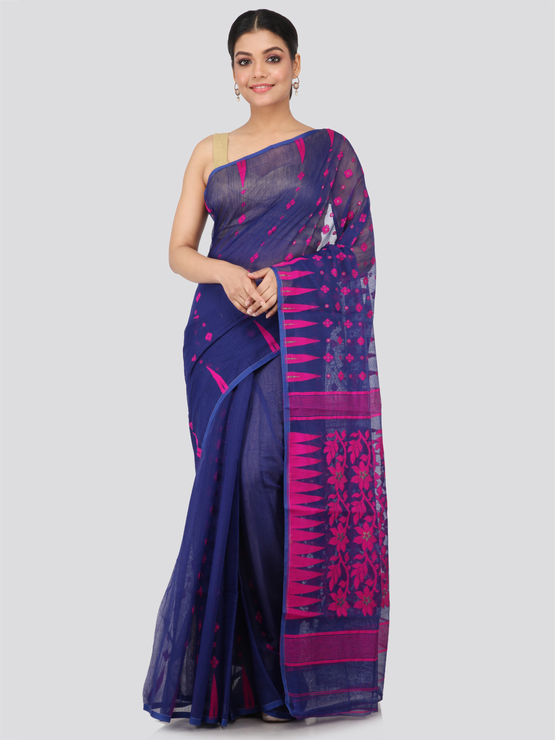 PinkLoom Blue Woven Design Silk Cotton Jamdani Sustainable Saree
