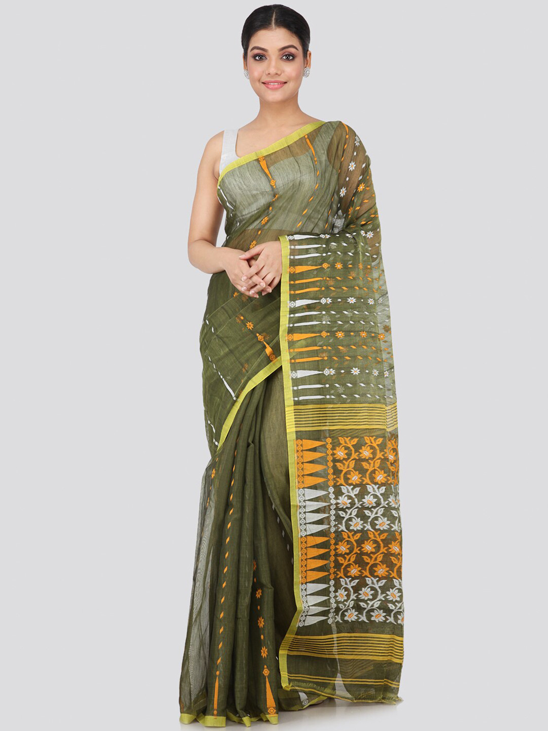 PinkLoom Green & Yellow Silk Cotton Jamdani Sustainable Saree