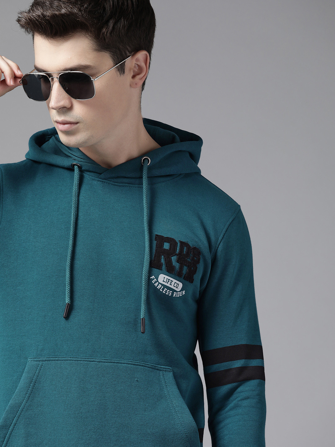 Roadster Men Teal Blue Printed Applique Hooded Sweatshirt